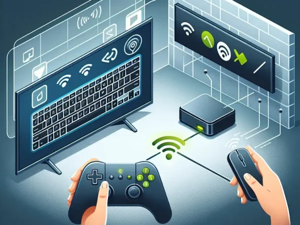 "Ilustrasi langkah-langkah cara menghubungkan keyboard nirkabel Logitech ke Smart TV dengan mudah, menampilkan keyboard Logitech dan layar Smart TV dalam pengaturan rumah modern."