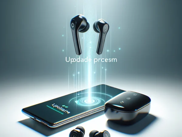 "Ilustrasi langkah-langkah memperbarui firmware Galaxy Buds, menunjukkan tampilan aplikasi Galaxy Wearable dan proses pembaruan perangkat dengan menu navigasi yang jelas."