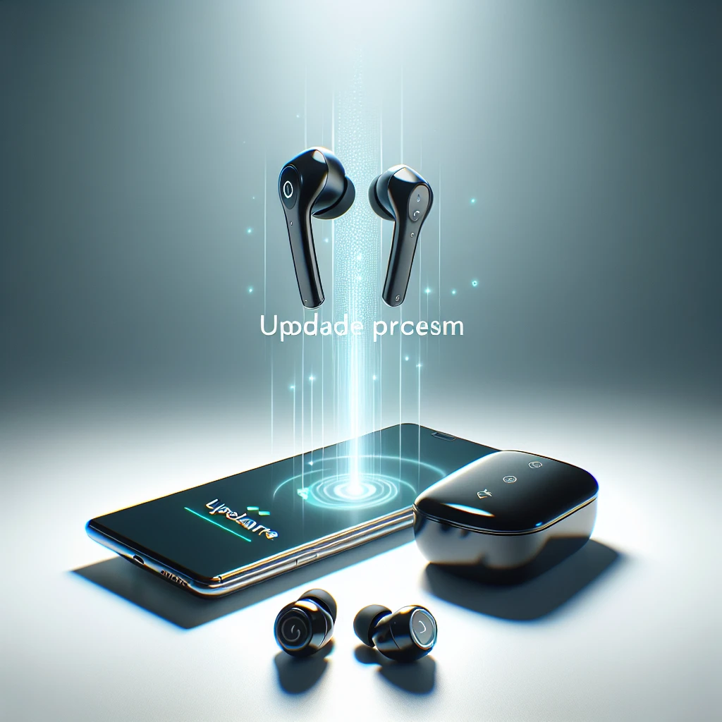 "Ilustrasi langkah-langkah memperbarui firmware Galaxy Buds, menunjukkan tampilan aplikasi Galaxy Wearable dan proses pembaruan perangkat dengan menu navigasi yang jelas."