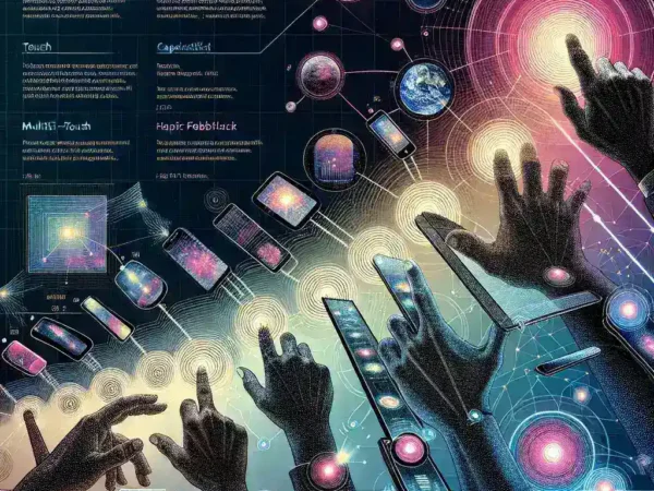 "Ilustrasi yang menunjukkan perkembangan teknologi layar sentuh, menampilkan berbagai jenis perangkat dengan layar sentuh modern, seperti smartphone, tablet, dan perangkat kios interaktif, menggambarkan inovasi dalam antarmuka pengguna."