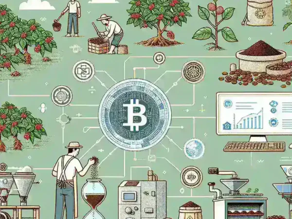 "Ilustrasi teknologi blockchain digunakan untuk sertifikasi kopi specialty Indonesia, menunjukkan sistem transparan dan aman dalam mengelola data kualitas kopi."