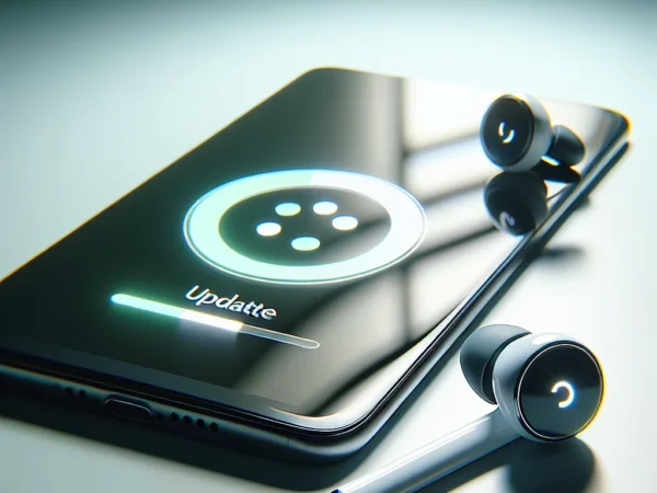 "Ilustrasi langkah-langkah untuk memeriksa pembaruan firmware AirPods, menunjukkan perangkat Apple dan aplikasi pengaturan di layar."