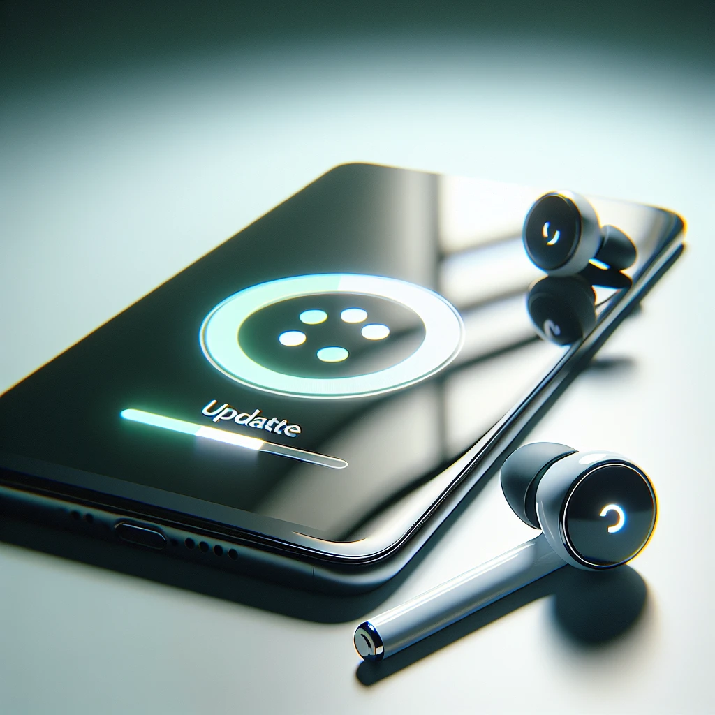 "Ilustrasi langkah-langkah untuk memeriksa pembaruan firmware AirPods, menunjukkan perangkat Apple dan aplikasi pengaturan di layar."