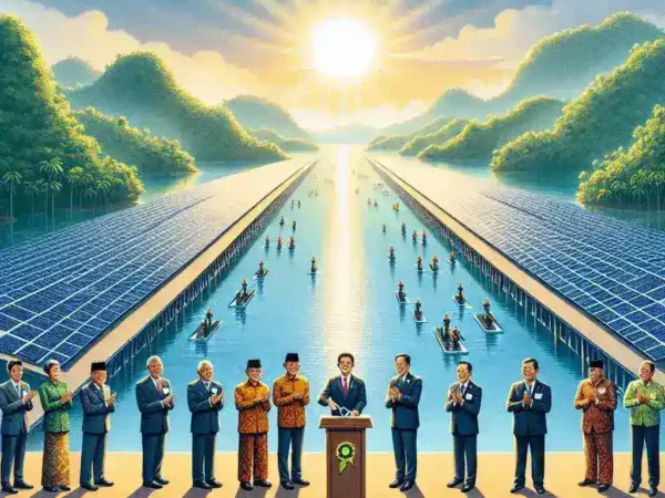 "New floating solar power plant inaugurated in Cirata Reservoir, Indonesia, showcasing renewable energy innovation and sustainable development."