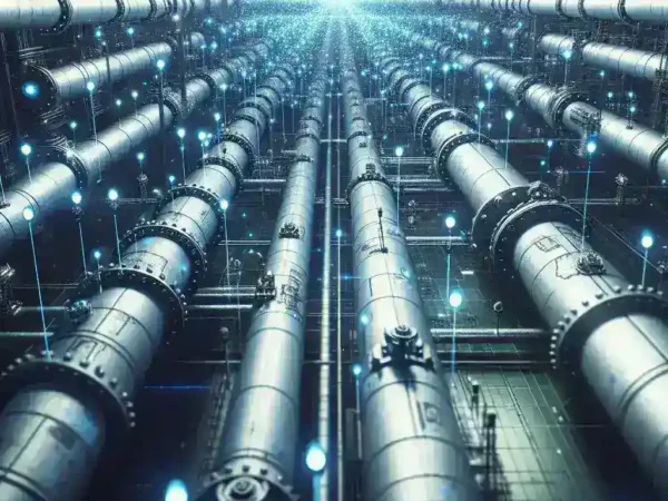 "Ilustrasi jaringan pipa smart utilitas gas yang terpantau melalui sensor edge, menunjukkan teknologi modern dalam pemantauan infrastruktur gas."