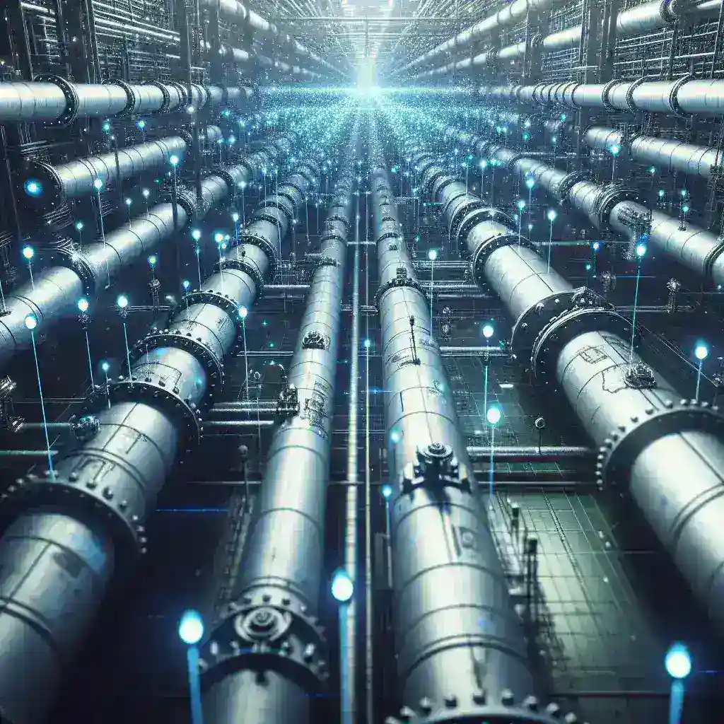 "Ilustrasi jaringan pipa smart utilitas gas yang terpantau melalui sensor edge, menunjukkan teknologi modern dalam pemantauan infrastruktur gas."
